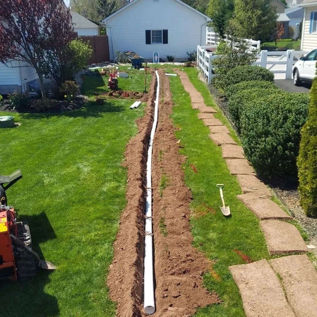 Excavated yard with a long trench for drainage, featuring white PVC pipe and landscaped edges.