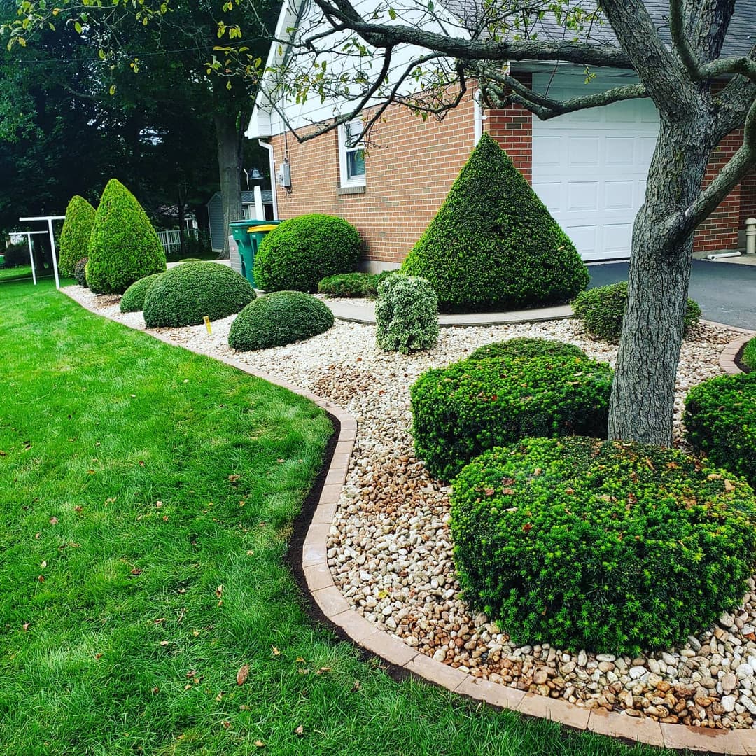 Well-maintained garden featuring shaped shrubs, gravel paths, and a brick border near a house.