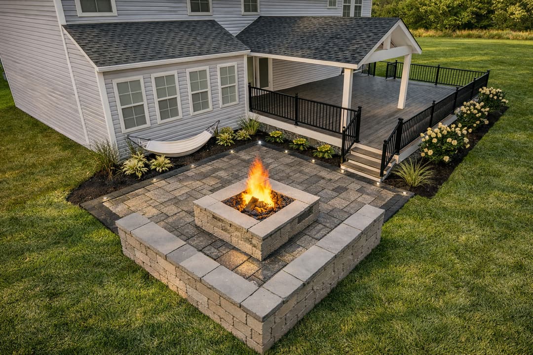 Backyard fire pit on stone patio with porch and landscaped garden in suburban home setting.