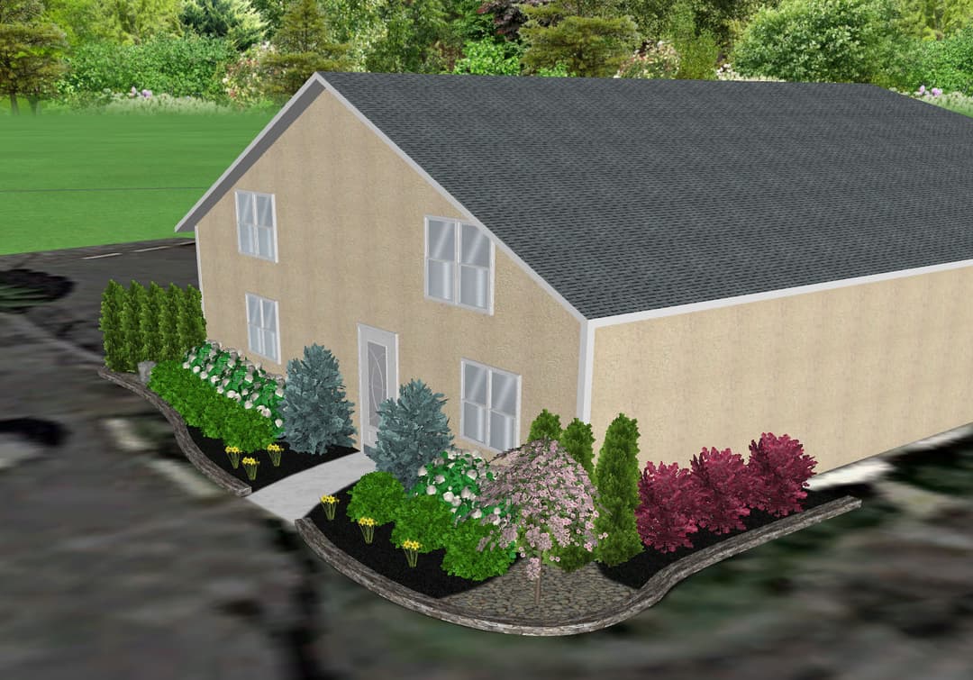 3D rendering of a modern house with colorful landscaping and pathways in a serene garden setting.