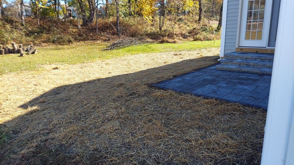 Newly landscaped yard with straw-covered soil next to a stone patio and trees in autumn.