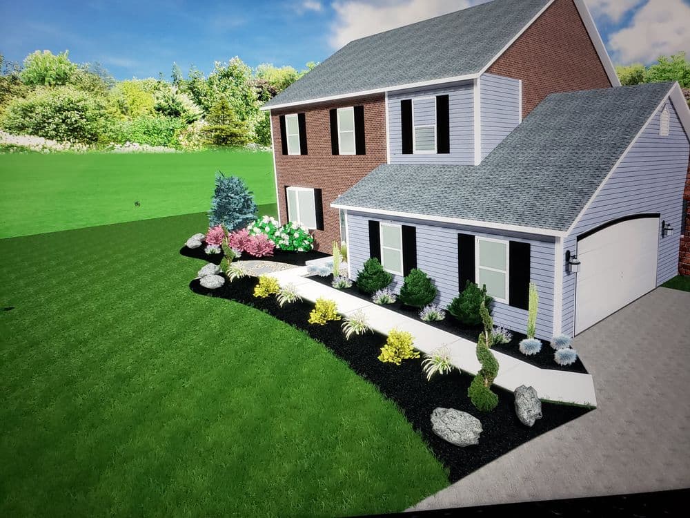 Modern home exterior design with landscaping, featuring colorful shrubs and a manicured lawn.