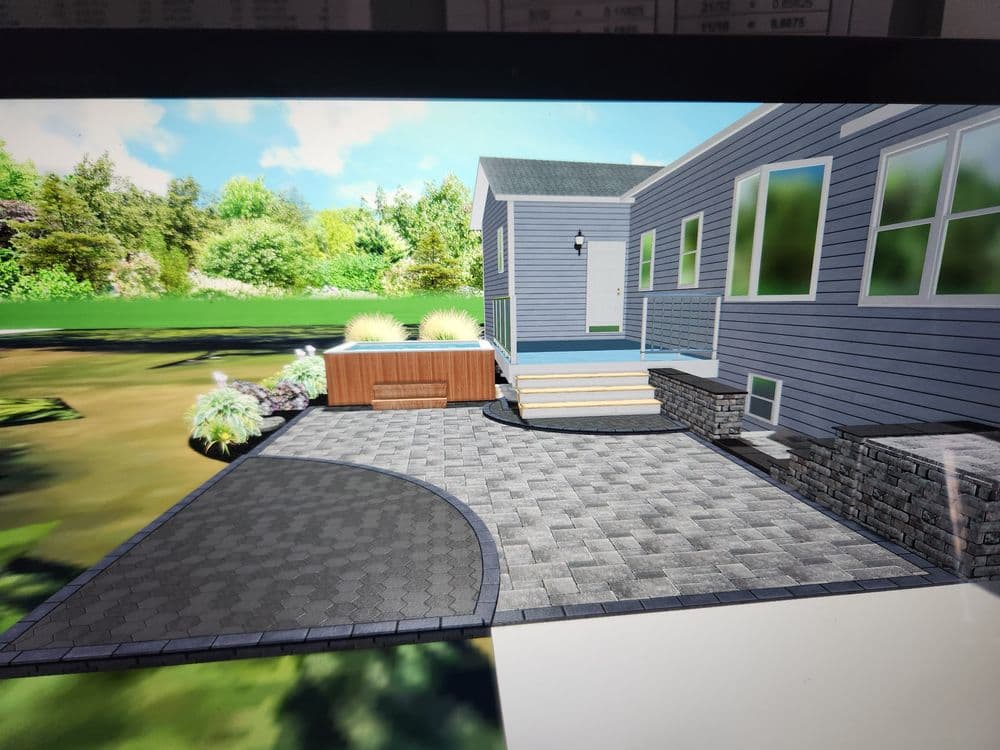 3D rendering of a modern home exterior with patio, landscaping, and hot tub.