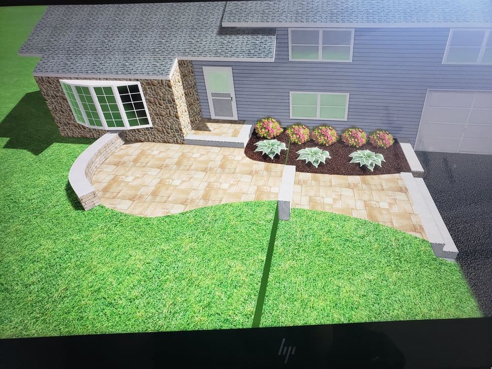 3D rendering of a home exterior with stonework, patio, and landscaped flower beds.
