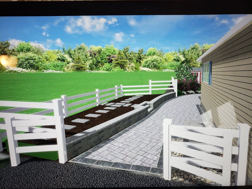3D rendering of a landscaped yard with white fencing, stone path, and greenery in background.
