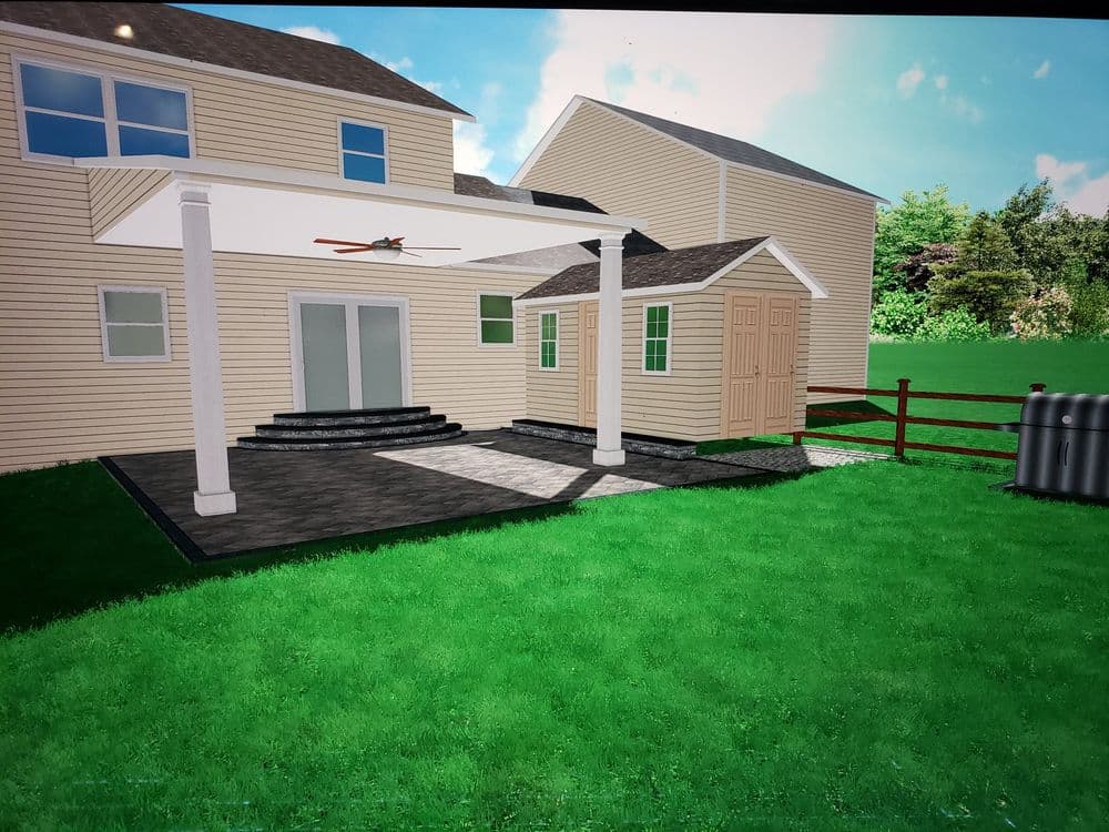 Architectural rendering of a home's backyard with patio, shed, and landscaped lawn.