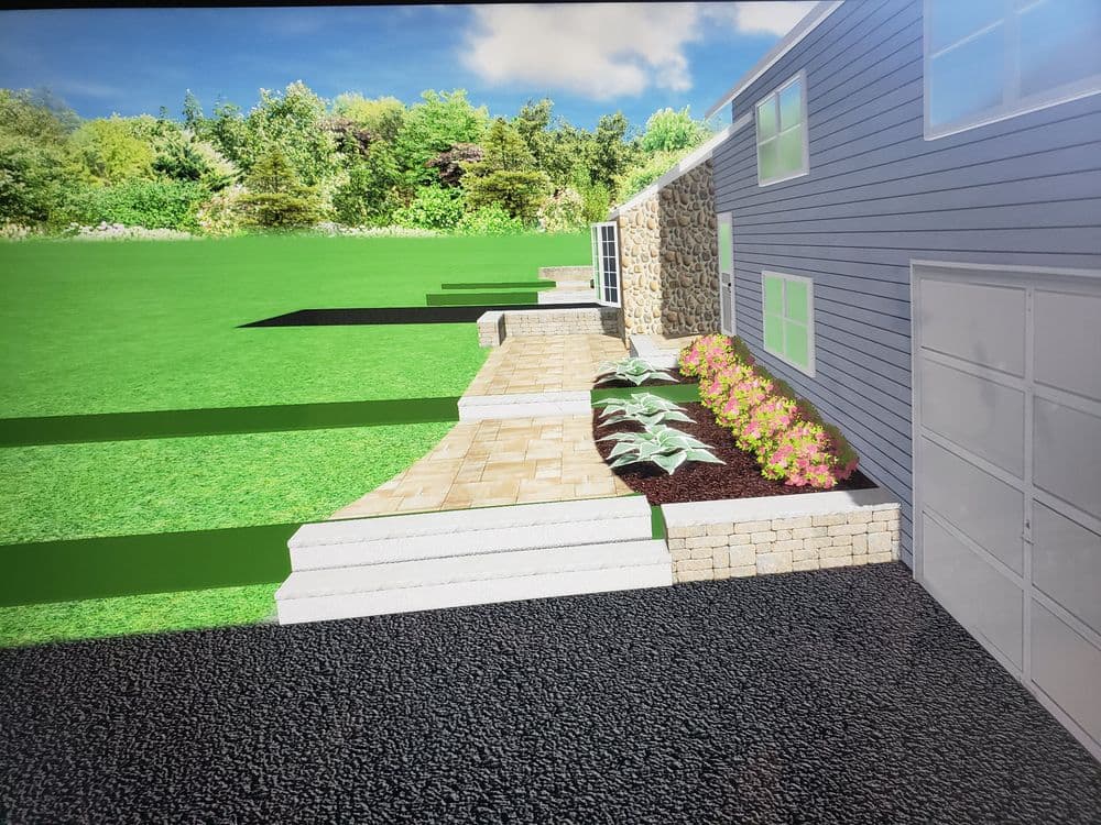 Landscape design featuring a stone pathway, flower beds, and a contemporary home exterior.