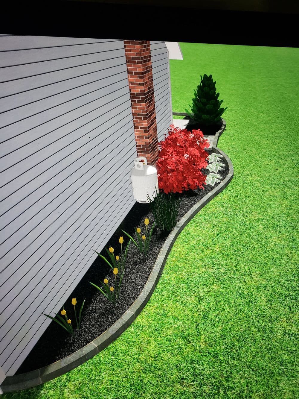 Lush garden bed with flowers, red foliage, and landscaping along a home's side.