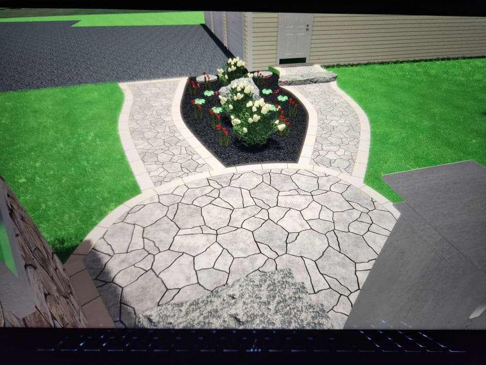 3D landscaping design featuring a stone pathway and flower garden in a residential setting.