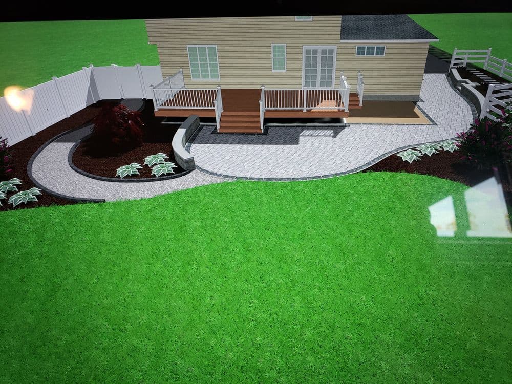 3D rendering of a backyard with a deck, patio, landscaping, and stylish garden design.