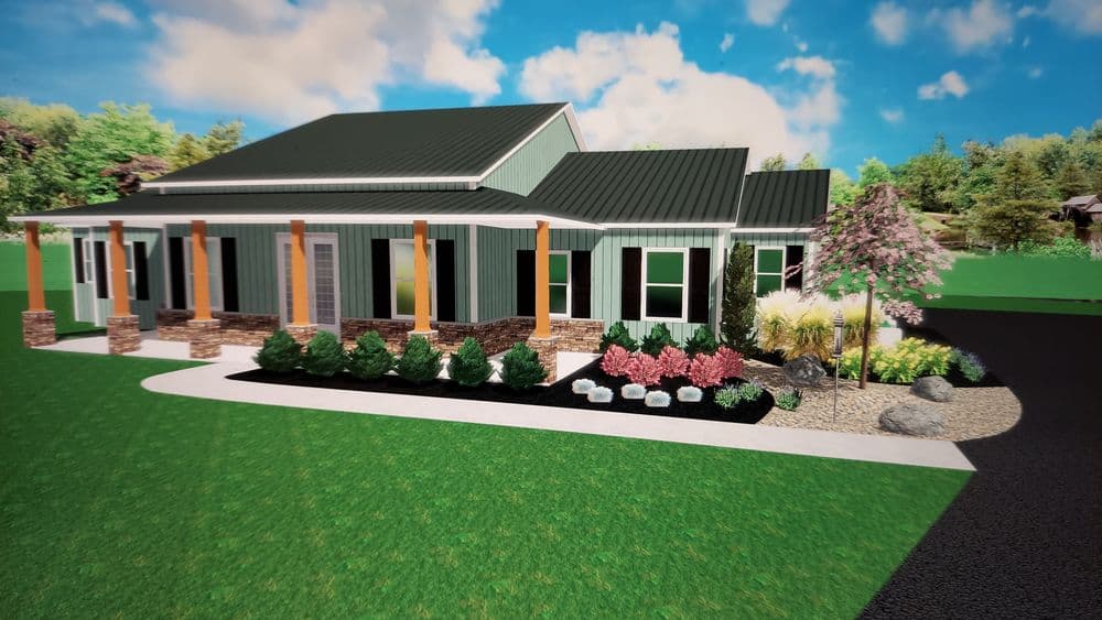 Modern green house with stone accents, landscaped garden, and sunny outdoor space.