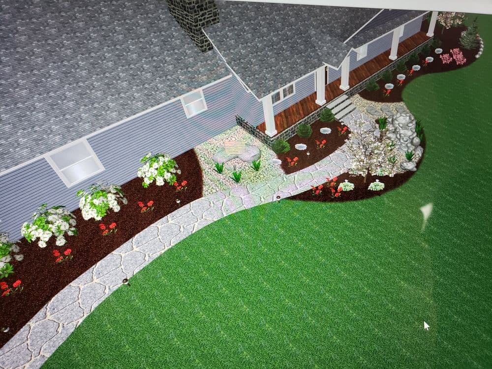 Landscape design featuring a stone pathway, flower beds, and a charming home exterior.