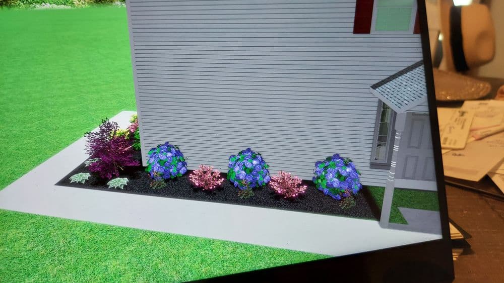 3D rendering of a home garden featuring colorful hydrangeas and shrubs along a side wall.