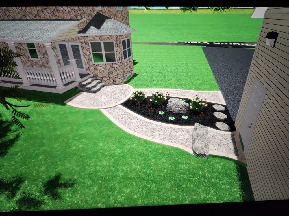 3D rendering of a landscaped yard featuring a stone pathway, flower beds, and a charming house.
