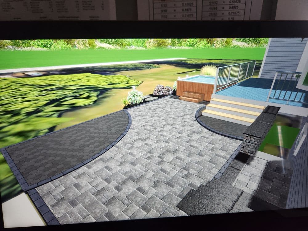 3D rendering of a landscaped patio with pavers, spa, and garden features.