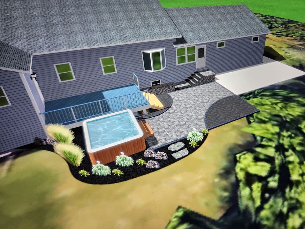 Backyard design featuring a spa pool, patio, and landscaped garden for outdoor relaxation.