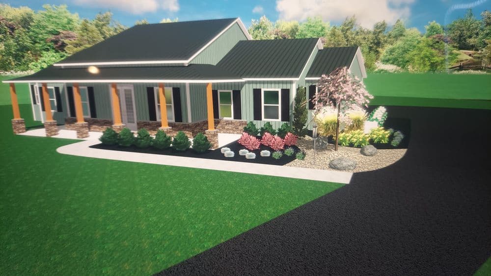 Modern green house with landscaped garden, featuring flower beds and stone pathways.