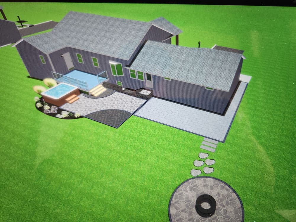 3D architectural rendering of a modern home with patio, spa, and landscaped yard.