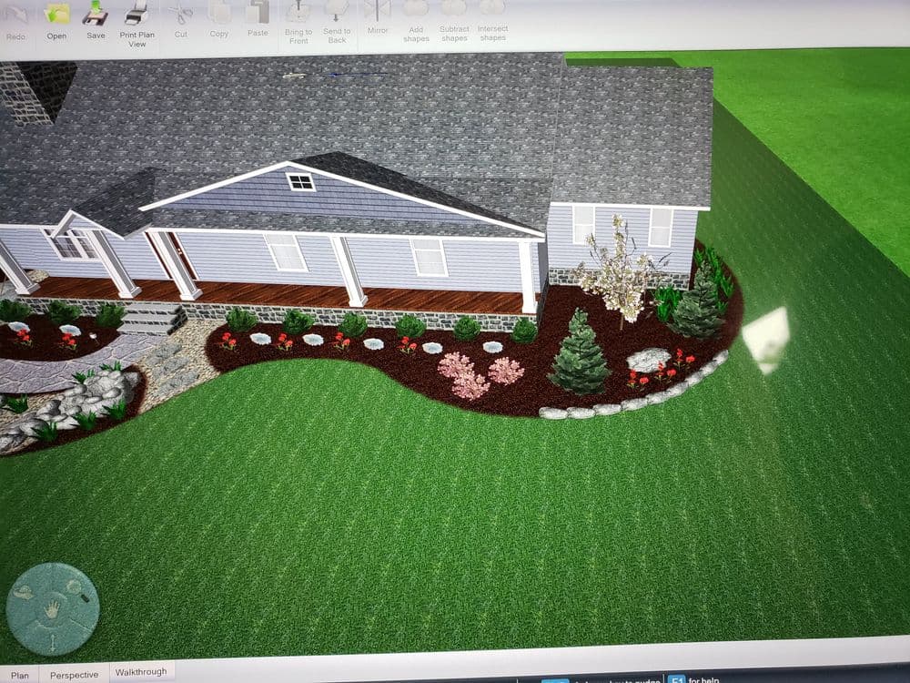 3D rendered landscape design featuring a home with gardens, pathways, and decorative plants.