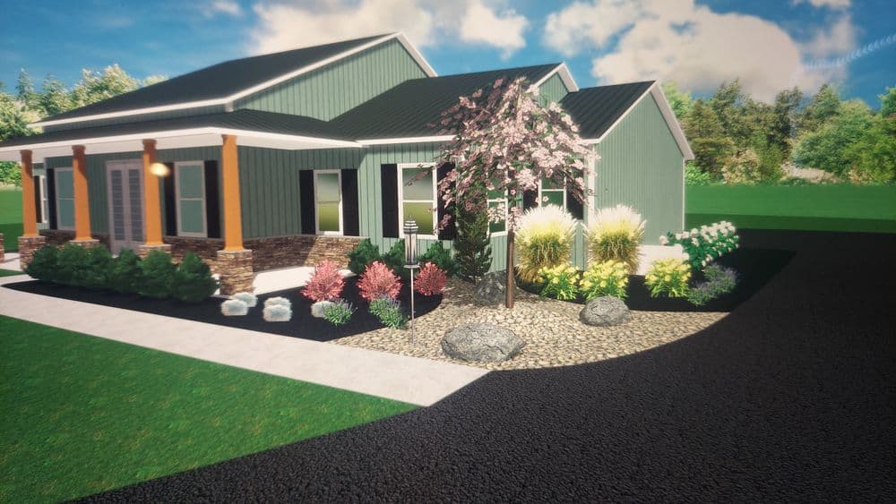 Modern green house with landscaped garden, featuring flowers, rocks, and a blooming tree.