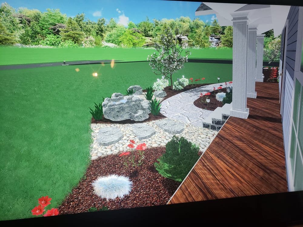 3D landscape design featuring a flower garden, stone pathway, and decorative rock formation.