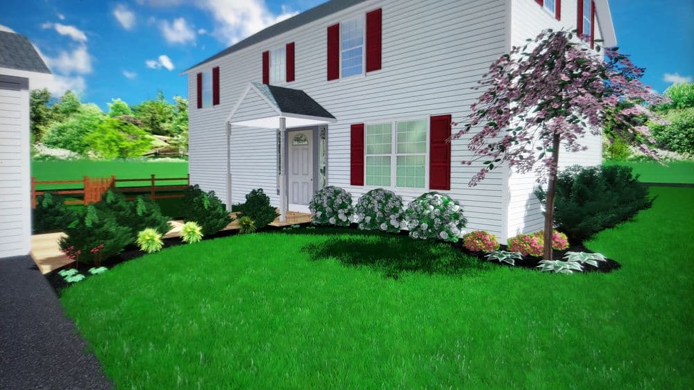 Charming white house with red shutters, landscaped yard featuring flowers and greenery.