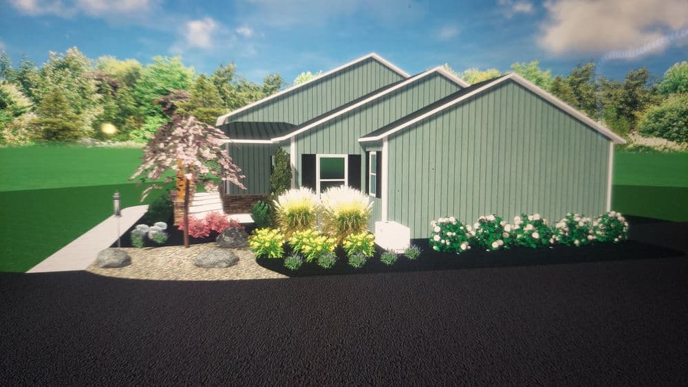 Modern green house design with landscaped garden, trees, and shrubs in a sunny setting.