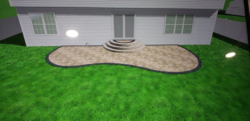 Paved patio design with steps leading to a white house and lush green lawn.