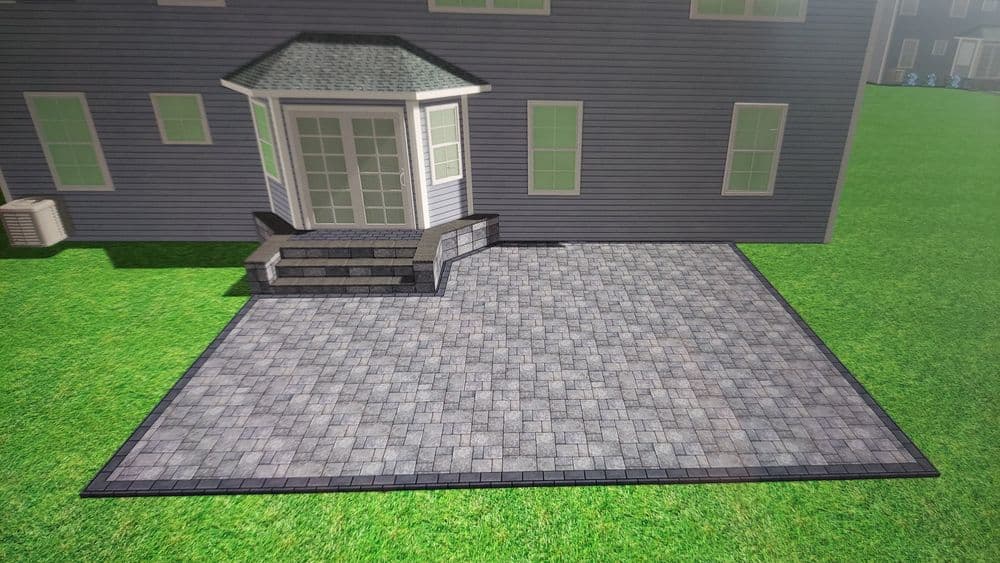 Modern patio design with paver stones, adjoining a house, featuring a stylish entryway.