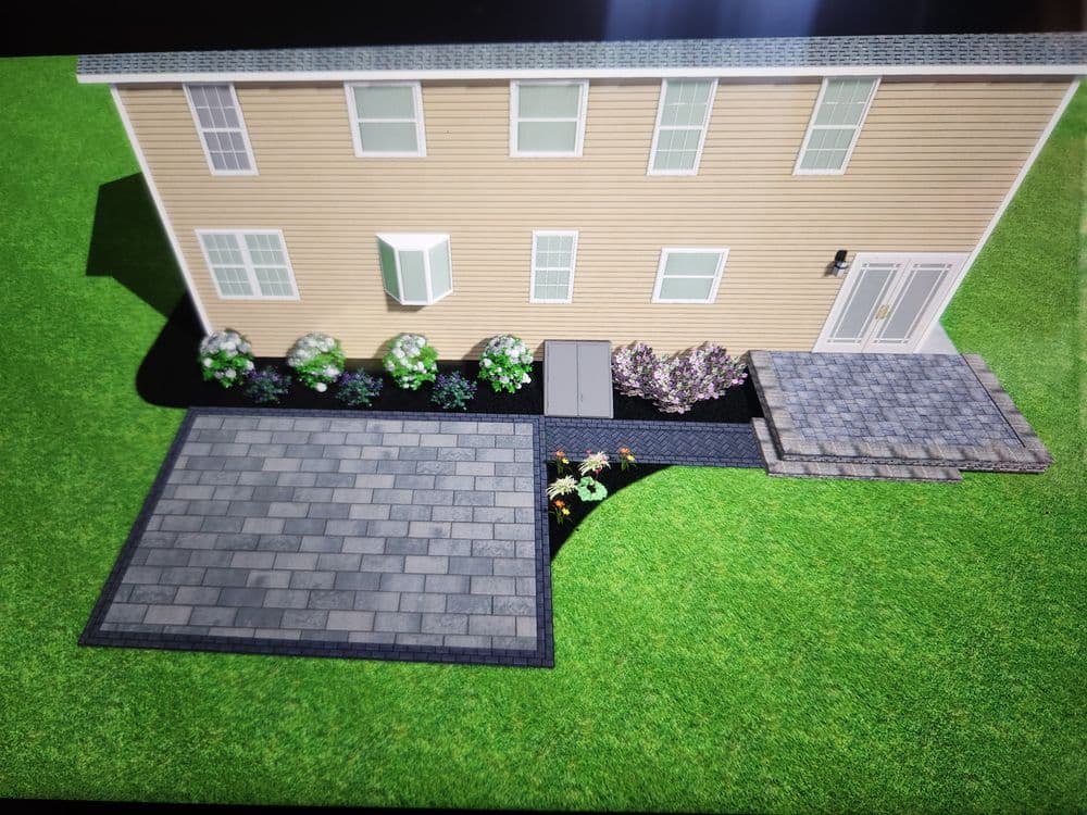 3D rendering of a house with landscaped garden and patio area, showcasing design features.