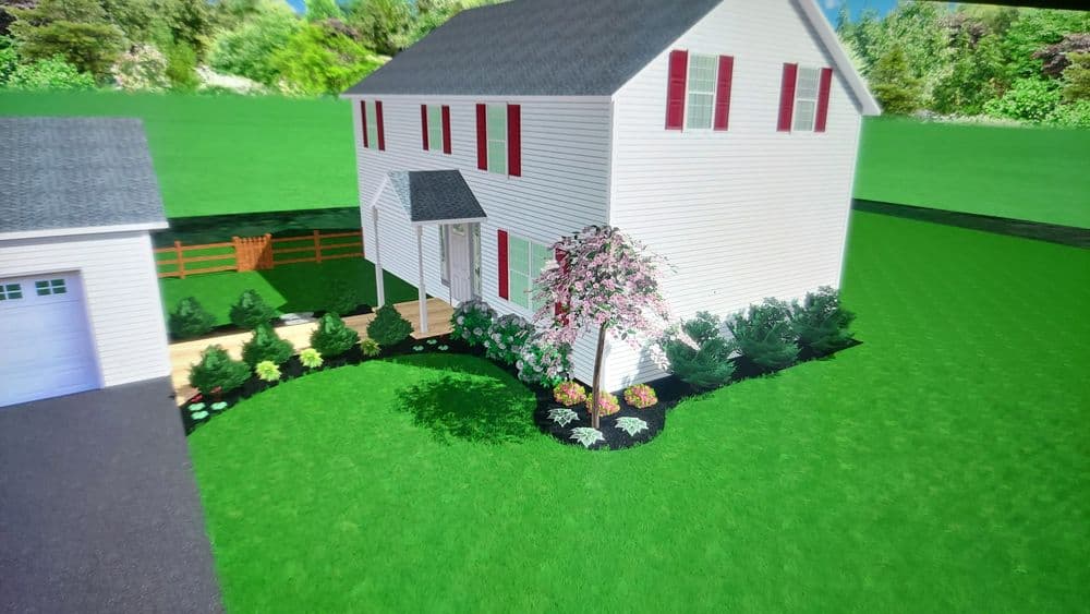 3D rendering of a two-story house with red shutters, blooming trees, and landscaped yard.