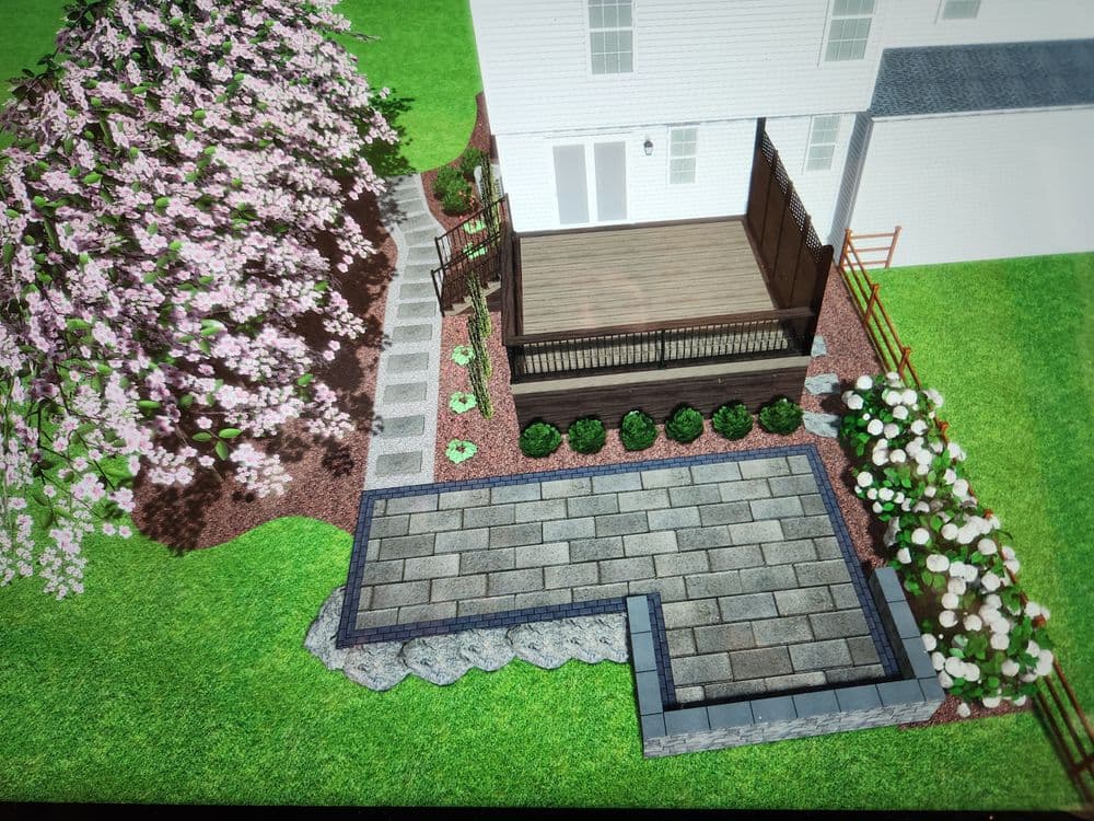 3D landscape design featuring a deck, patio, and flowering trees in a residential yard.