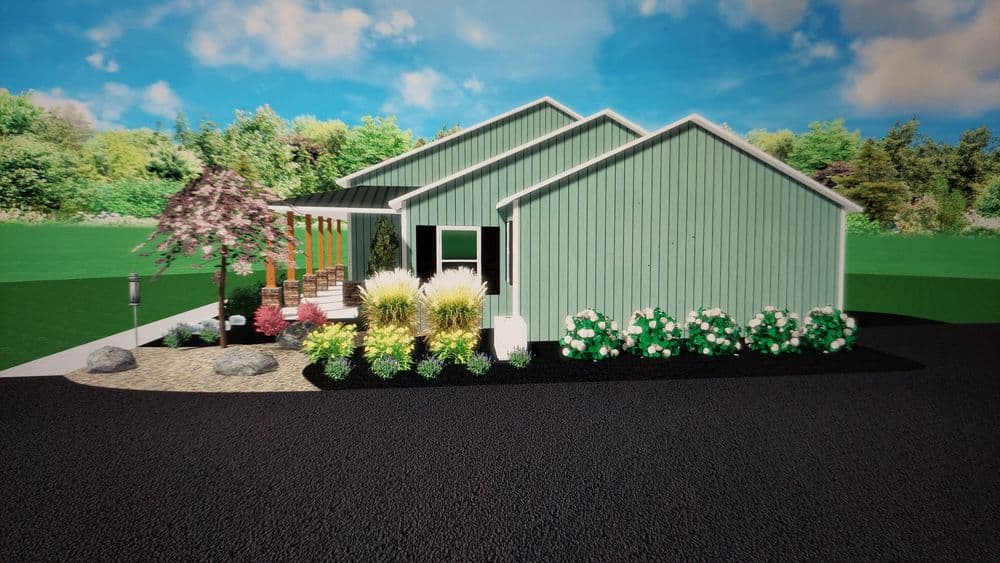 Modern green house design with landscaped garden and porch in a scenic outdoor setting.