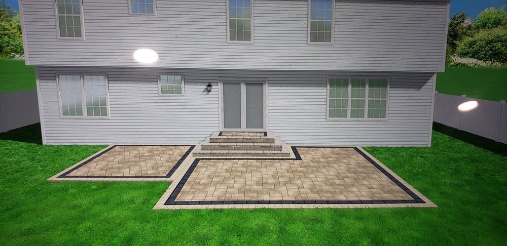 Modern backyard design featuring patio with stone pavers and steps, surrounded by green lawn.