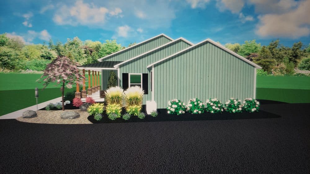 Modern green house design with landscaped garden and porch, surrounded by trees and flowers.