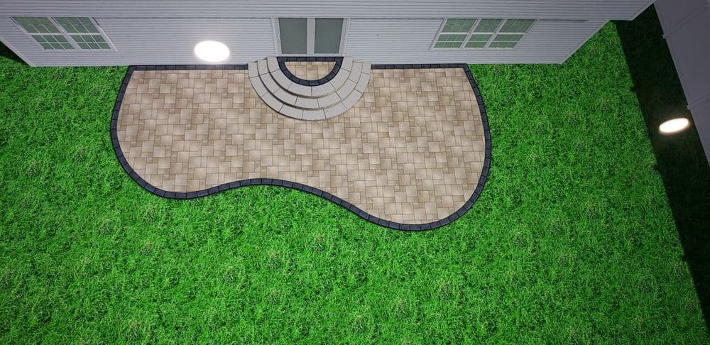 Elegant patio design featuring curved pavers and lush green grass beside a house.