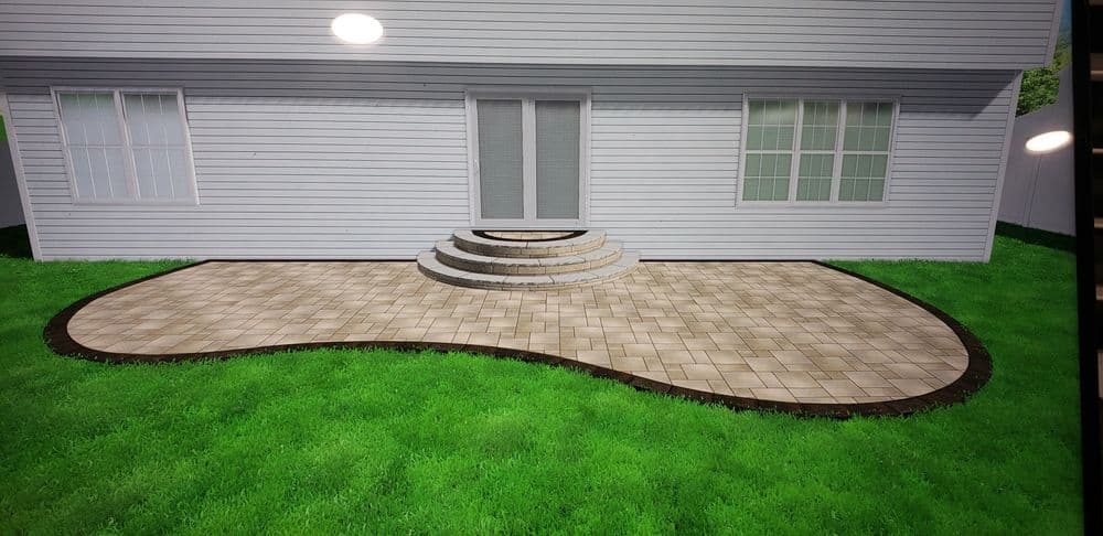Paver patio design with circular steps outside a modern house, set in a green lawn.