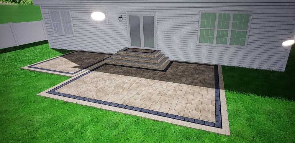 Patio design featuring stone pavers, steps, and lush green lawn in residential backyard setting.