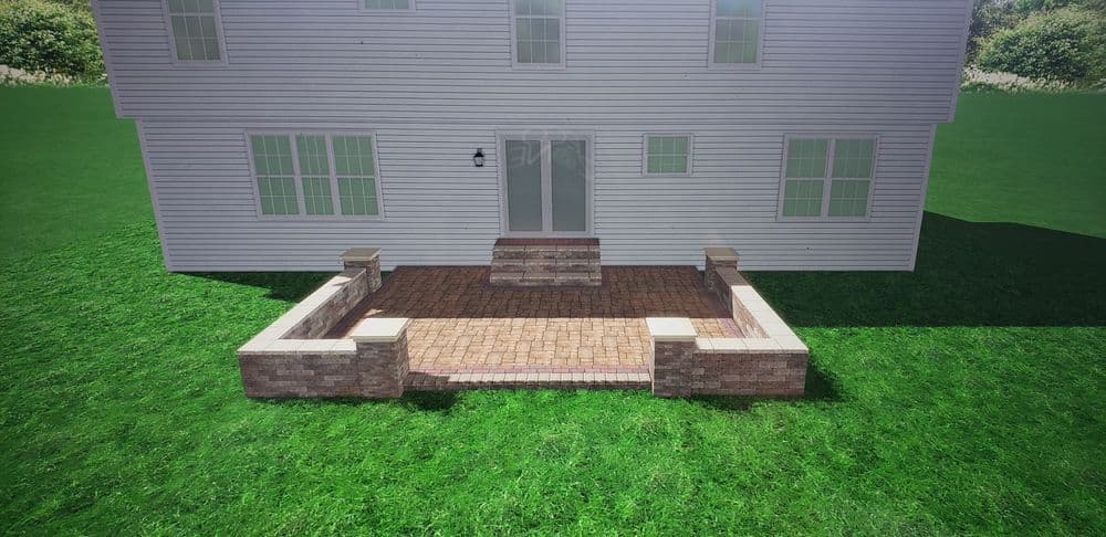 3D rendering of a house exterior with a patio and stone walls on a green lawn.