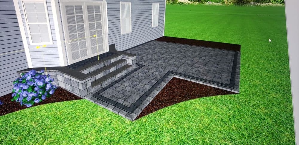 3D rendering of a backyard patio with stone pavers, landscaping, and steps leading to a house.