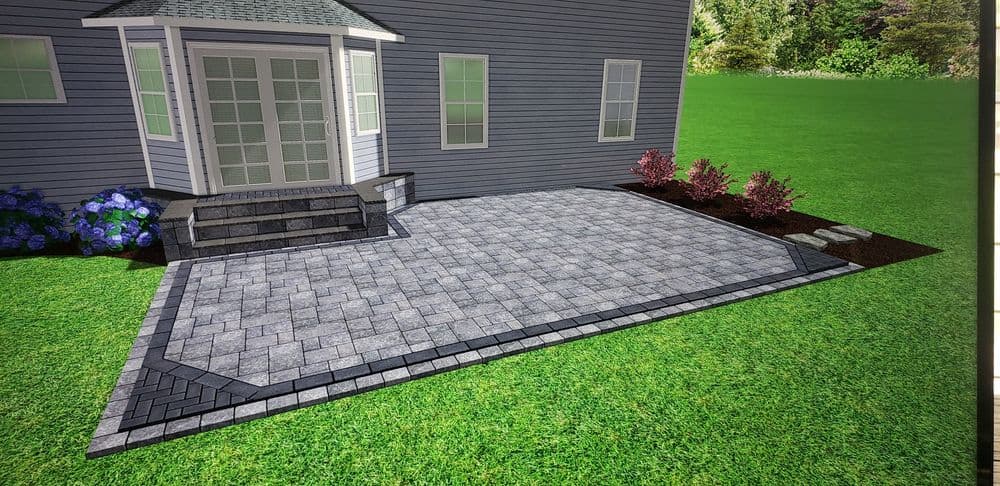 Paved patio design with stone steps and landscaped borders next to a gray house.