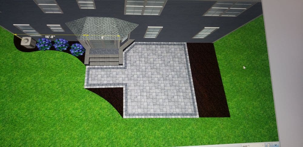 3D rendering of patio design with pavers, landscaping, and house exterior details.