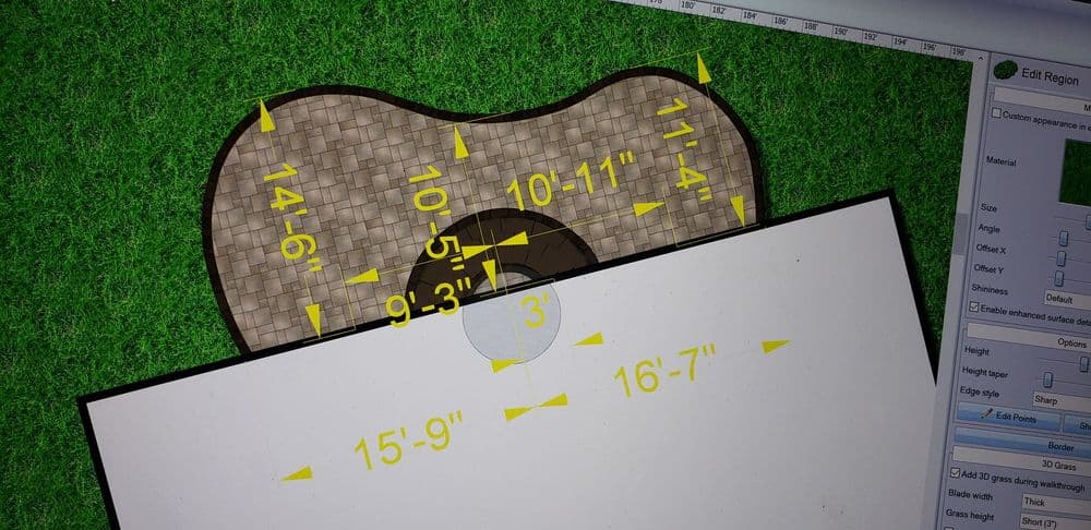 Digital layout of a garden design featuring measurements for planting and paving areas.