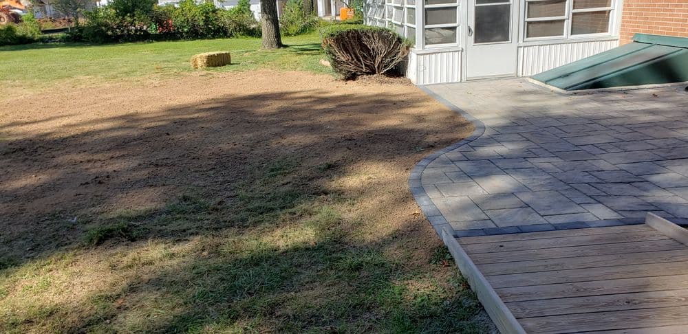 Lawn preparation with freshly laid sod and stone patio in a sunny backyard setting.
