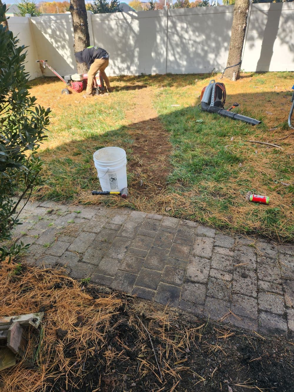 Person landscaping a yard with tools, including a bucket and lawn equipment on grass.