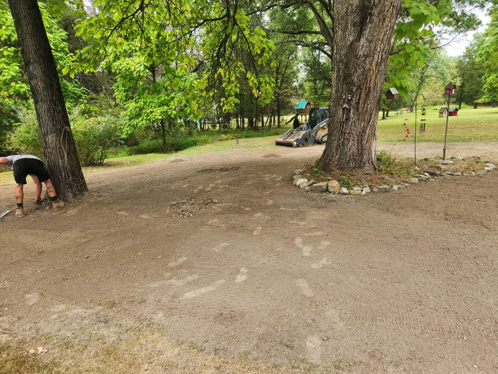 Landscaping project showing cleared dirt area between two trees with equipment in background.